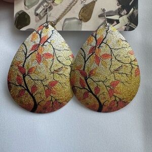 Gold and Red Leaf Teardrop Earrings